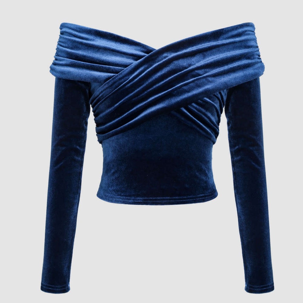 Cider Womens Sz Lg Velvet Off Shoulder Croped Top Blue Vampy Whimsigoth Stretch